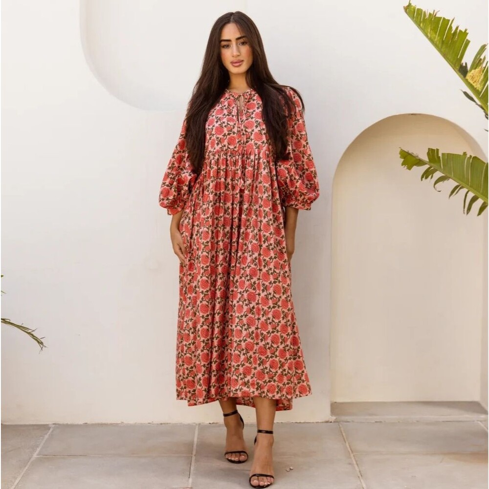 House of Sundar Maya Midi Dress Pink Floral Block Print Cotton Balloon Sleeve XS